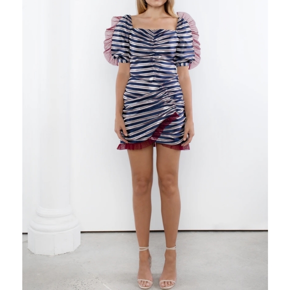 Nwt Delphine metallic suiting silver pinstriped sheer tip sleeve skirt set 4 - Picture 1 of 9